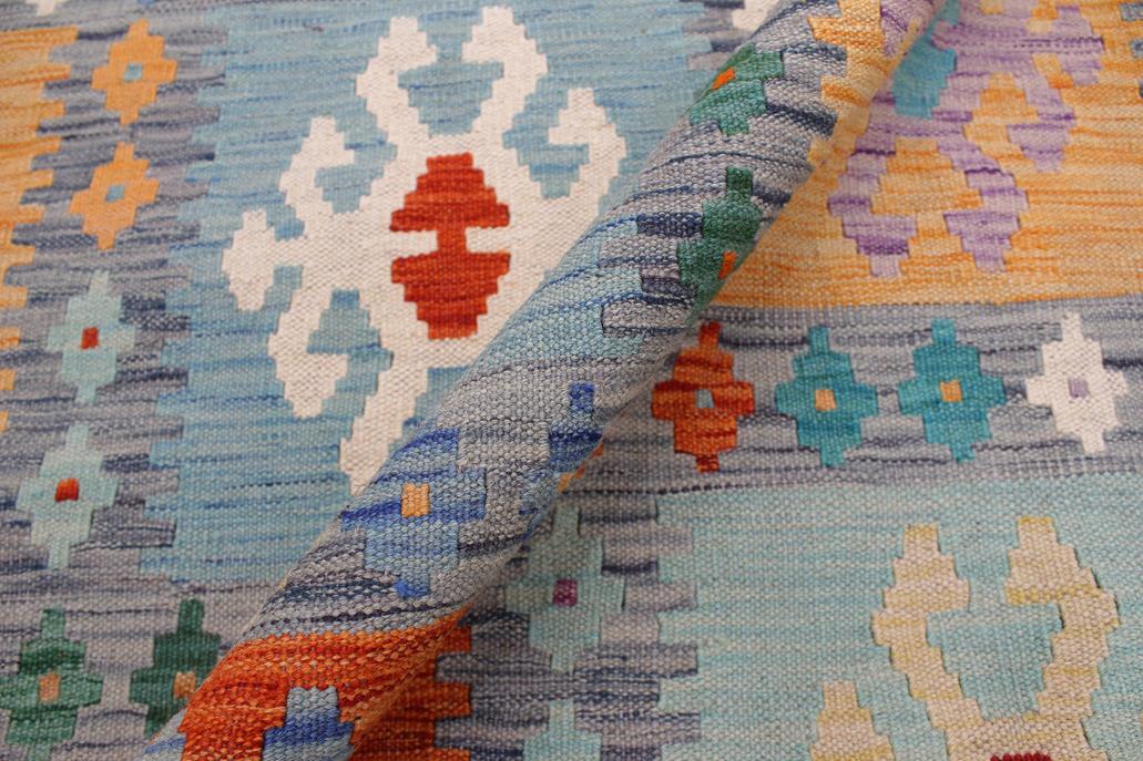 Flat Weave Kilim Antique Navaho Vintage handmade Geometric Kilim Gray Blue Hand-Woven Rectangle 100% Wool Area Rug 7x10 
