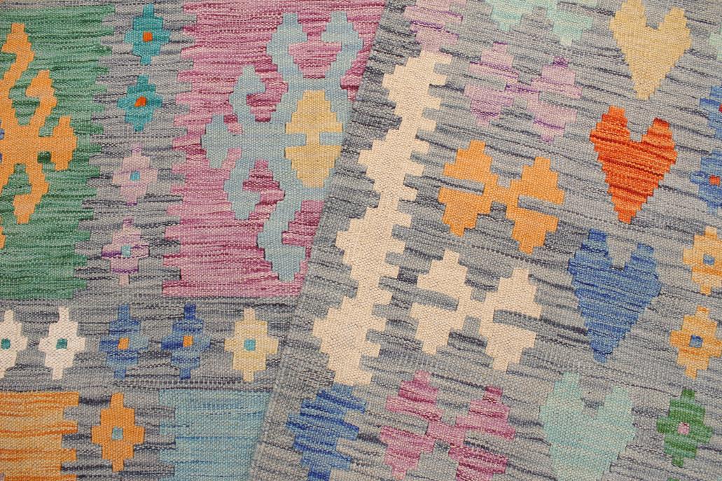 Flat Weave Kilim Antique Navaho Vintage handmade Geometric Kilim Gray Blue Hand-Woven Rectangle 100% Wool Area Rug 7x10 