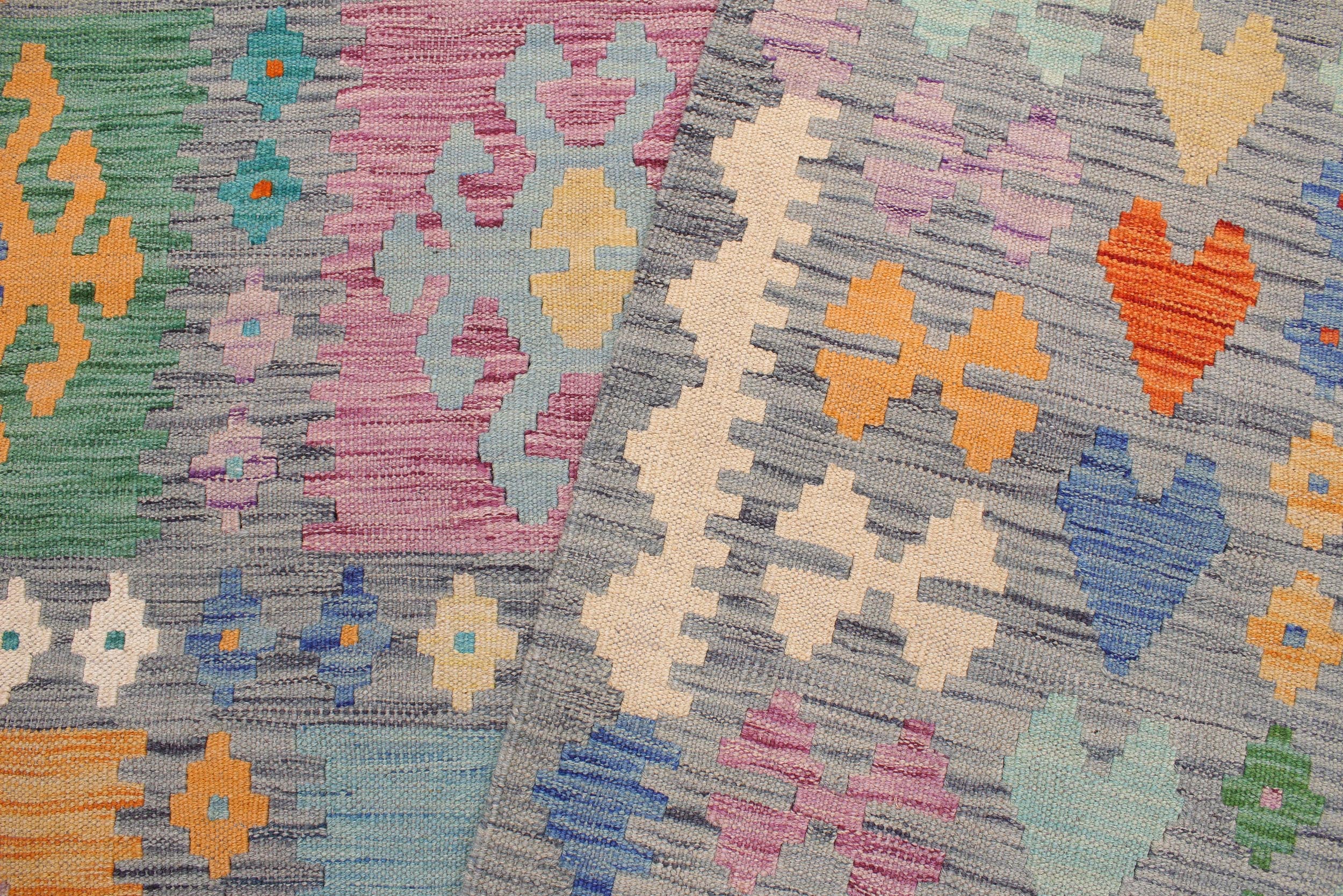 handmade Geometric Kilim Gray Blue Hand-Woven RECTANGLE 100% WOOL area rug 7 x 10