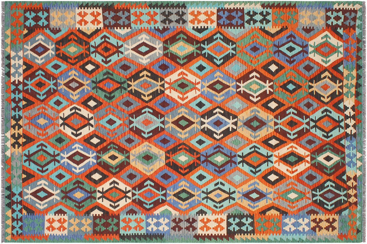 7x10 hand woven Turkish Kilim wool rug in rust and blue - Rustic Leatrice Turkish