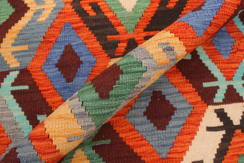 handmade Geometric Kilim Rust Blue Hand-Woven RECTANGLE 100% WOOL area rug 7 x 10