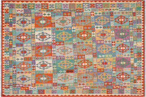 8x10 hand woven Turkish Kilim wool rug in blue and rust - Tribal Leslie Turkish