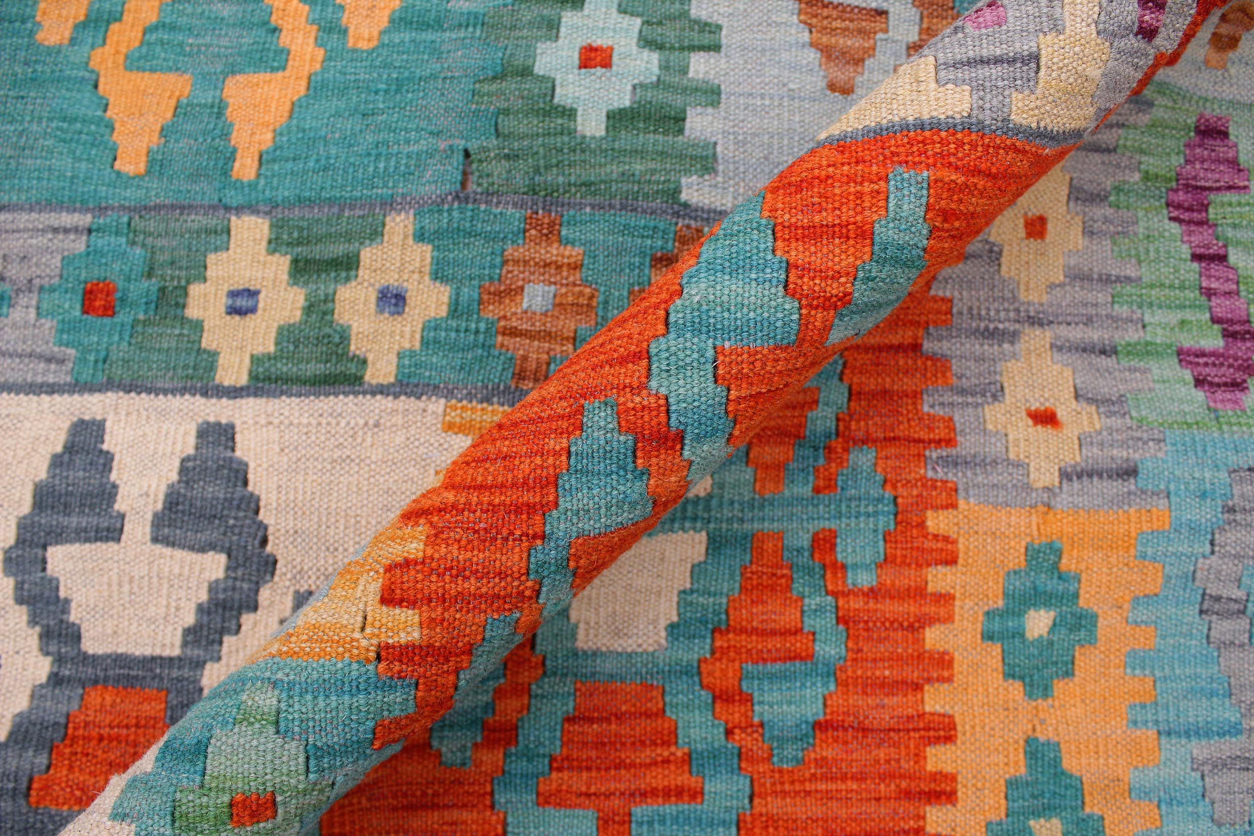 handmade Geometric Kilim Blue Rust Hand-Woven RECTANGLE 100% WOOL area rug 8 x 10