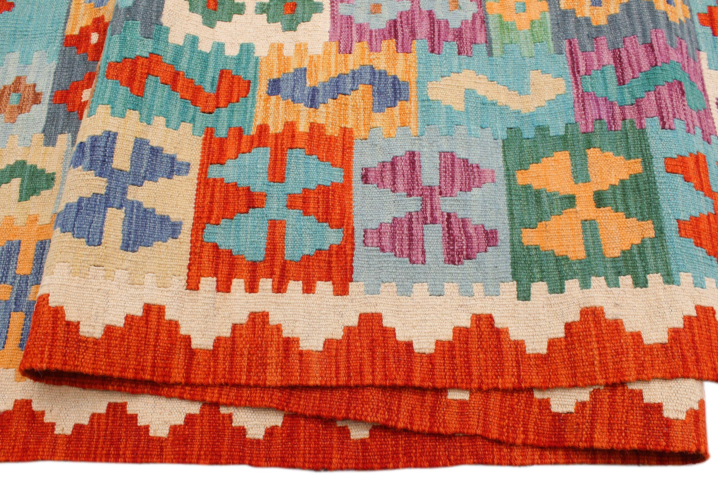 handmade Geometric Kilim Blue Rust Hand-Woven RECTANGLE 100% WOOL area rug 8 x 10