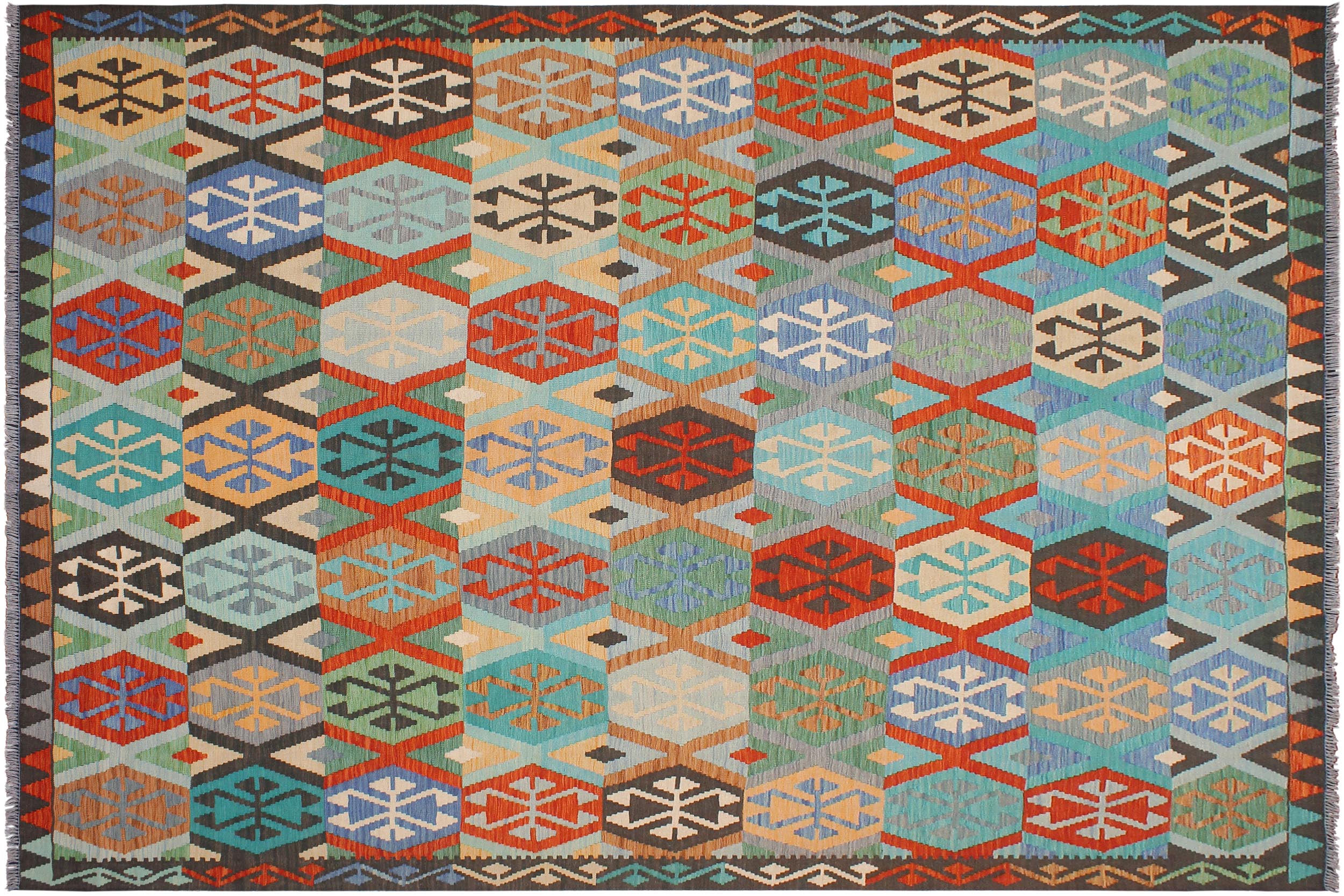 handmade Geometric Kilim Rust Blue Hand-Woven RECTANGLE 100% WOOL area rug 8 x 10