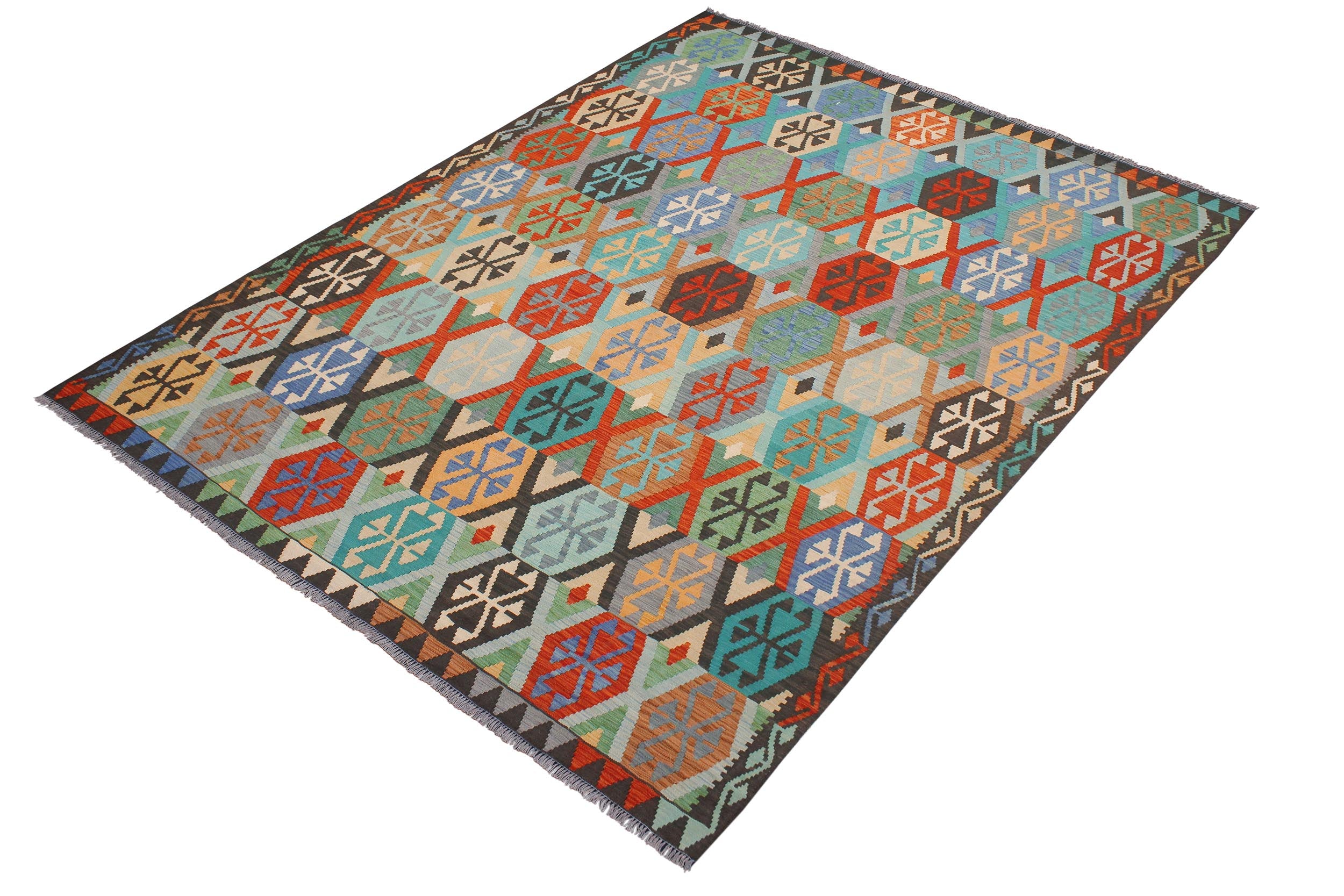 handmade Geometric Kilim Rust Blue Hand-Woven RECTANGLE 100% WOOL area rug 8 x 10
