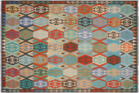 handmade Geometric Kilim Rust Blue Hand-Woven RECTANGLE 100% WOOL area rug 8 x 10