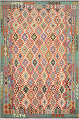 Flat Weave Kilim Antique Navaho Vintage handmade Geometric Kilim Beige Green Hand-Woven Rectangle 100% Wool Area Rug 8x11 