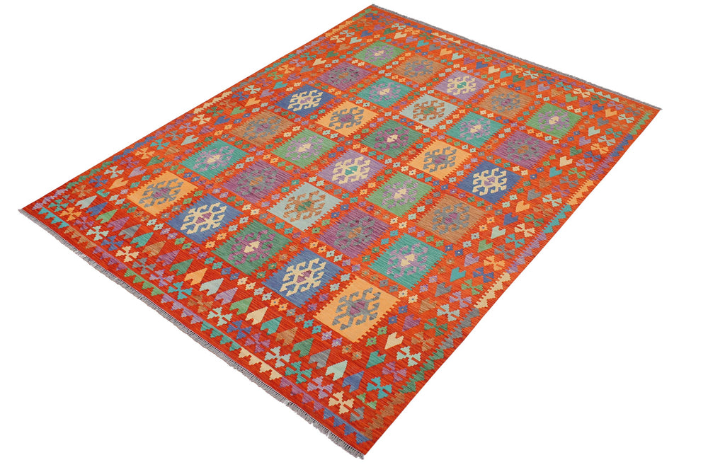 handmade Geometric Kilim Rust Blue Hand-Woven RECTANGLE 100% WOOL area rug 8 x 10