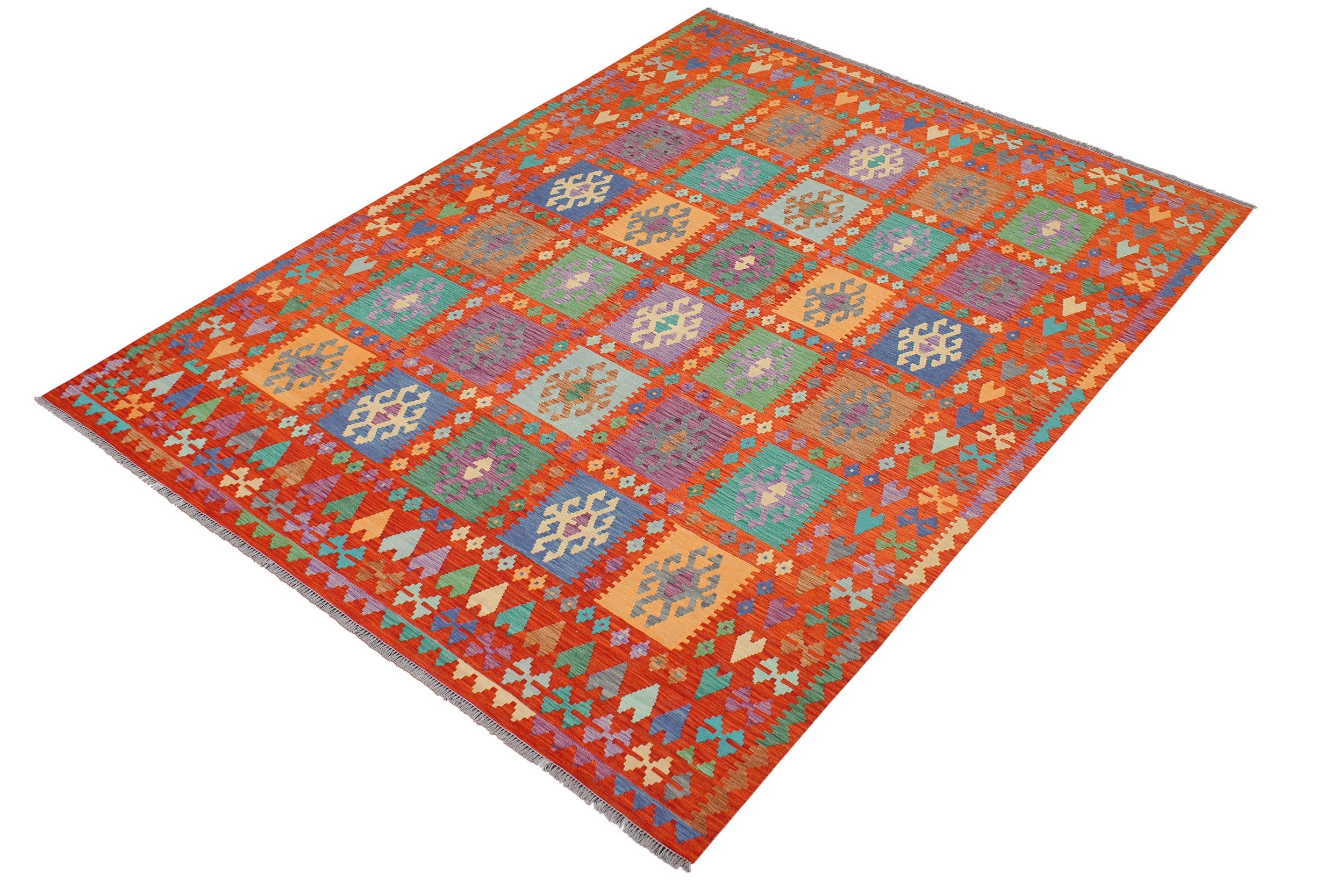handmade Geometric Kilim Rust Blue Hand-Woven RECTANGLE 100% WOOL area rug 8 x 10