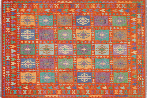 handmade Geometric Kilim Rust Blue Hand-Woven RECTANGLE 100% WOOL area rug 8 x 10