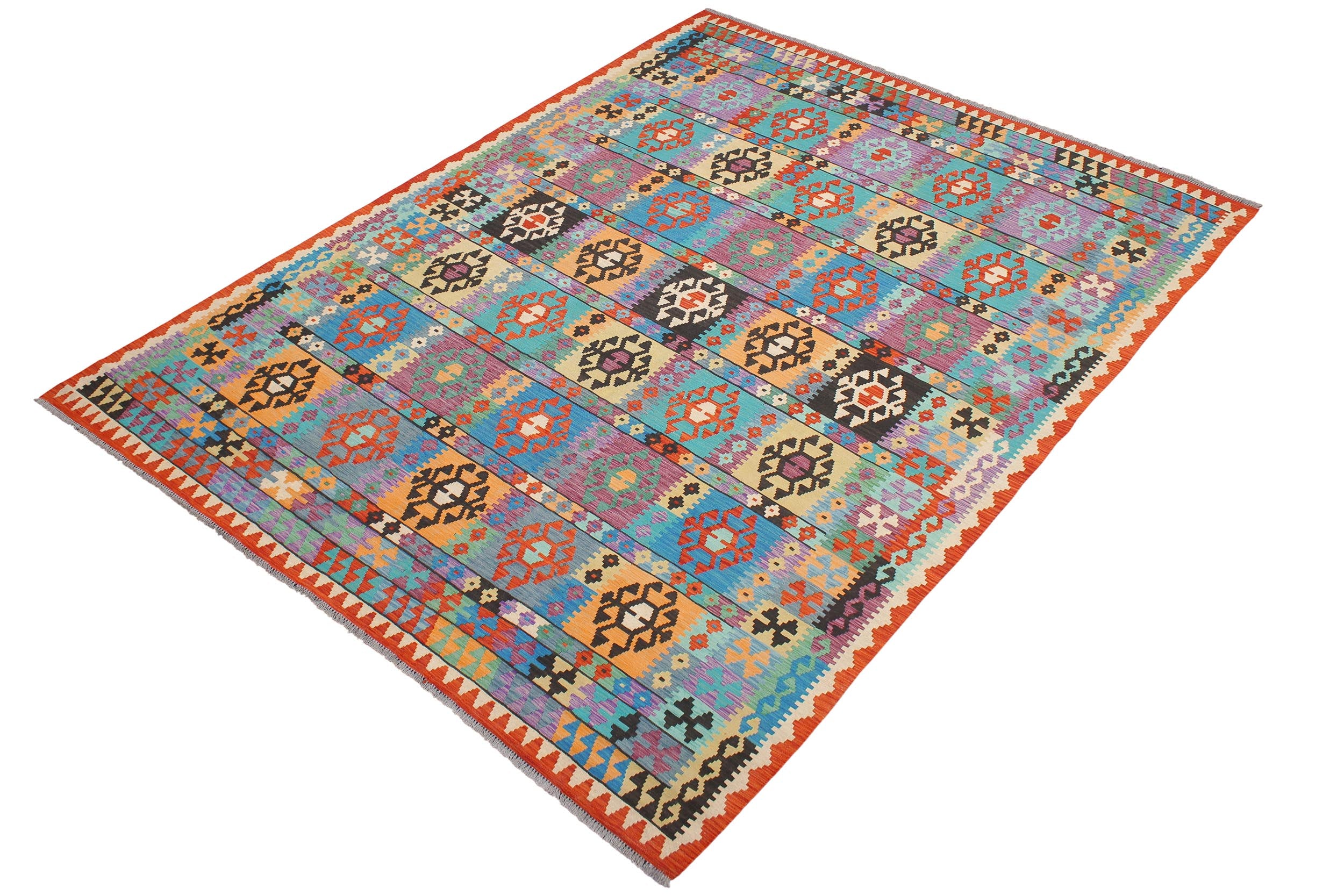 handmade Geometric Kilim Blue Rust Hand-Woven RECTANGLE 100% WOOL area rug 8 x 11