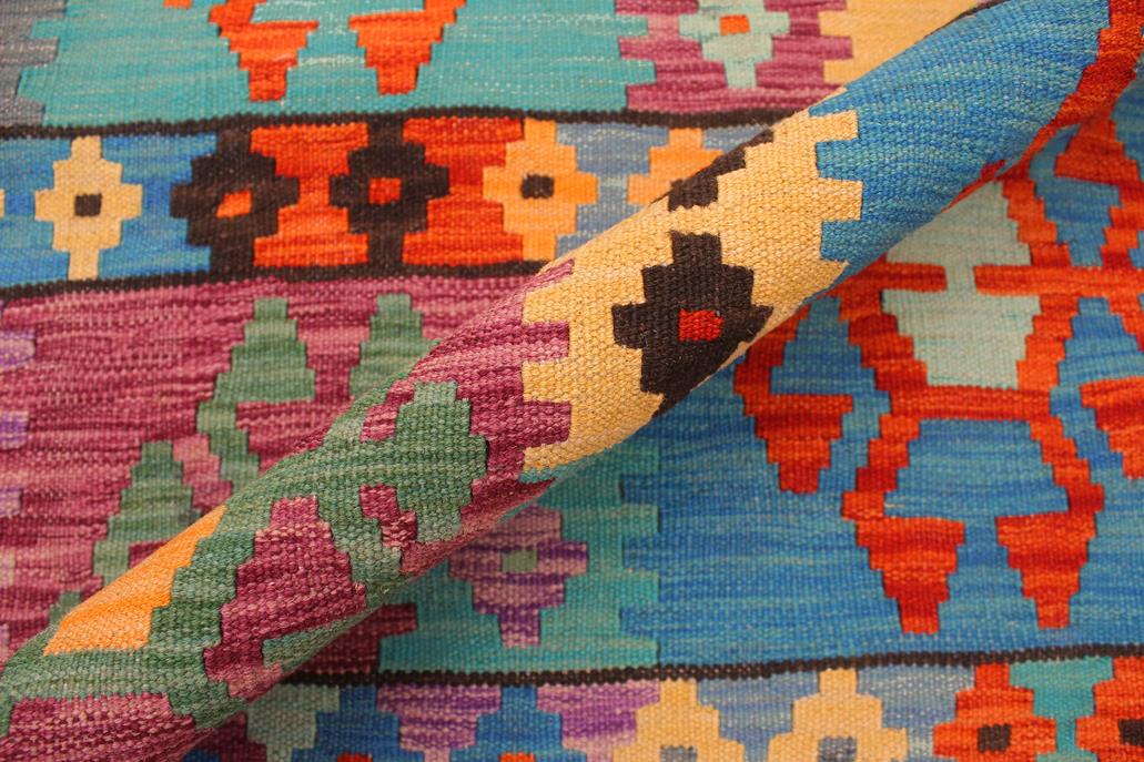 Flat Weave Kilim Antique Navaho Vintage handmade Geometric Kilim Blue Rust Hand-Woven Rectangle 100% Wool Area Rug 8x11 