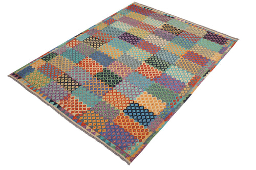 handmade Modern Kilim Blue Rust Hand-Woven RECTANGLE 100% WOOL area rug 8x10