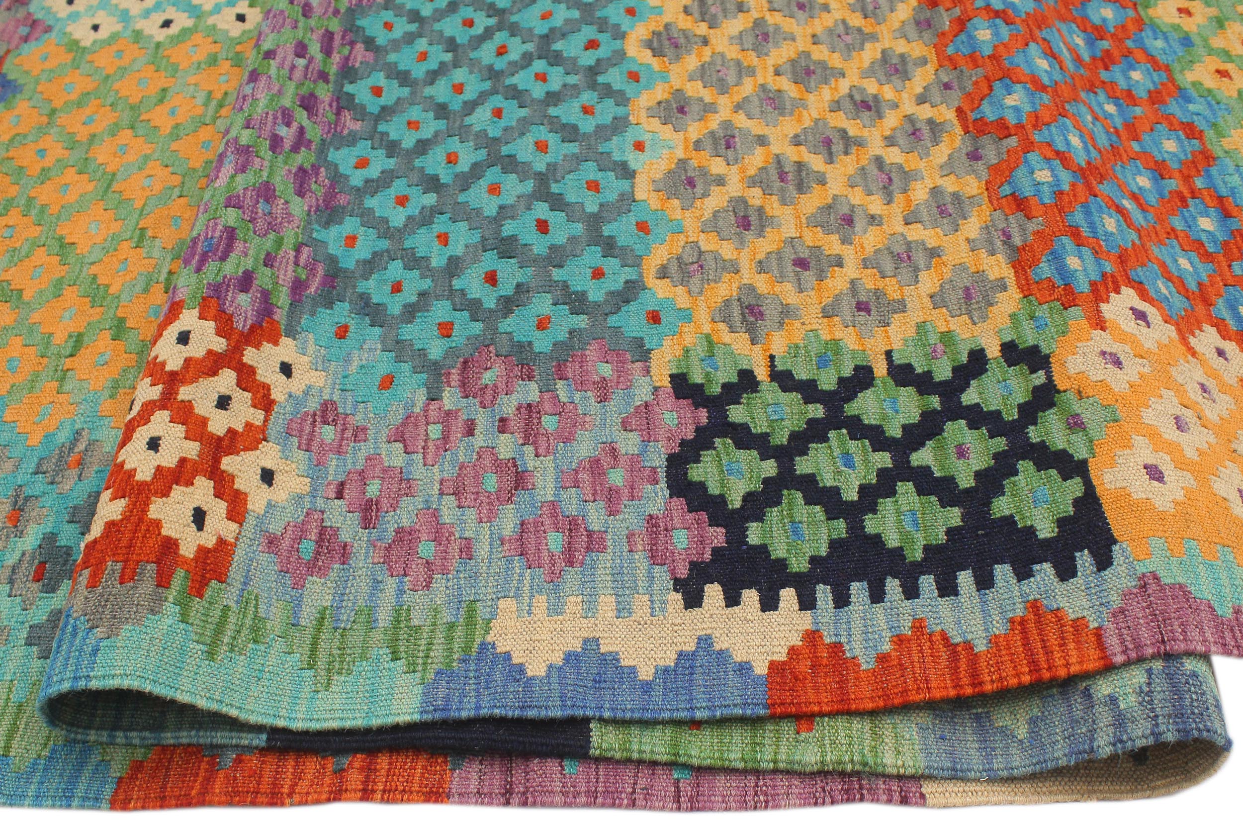 handmade Modern Kilim Blue Rust Hand-Woven RECTANGLE 100% WOOL area rug 8x10