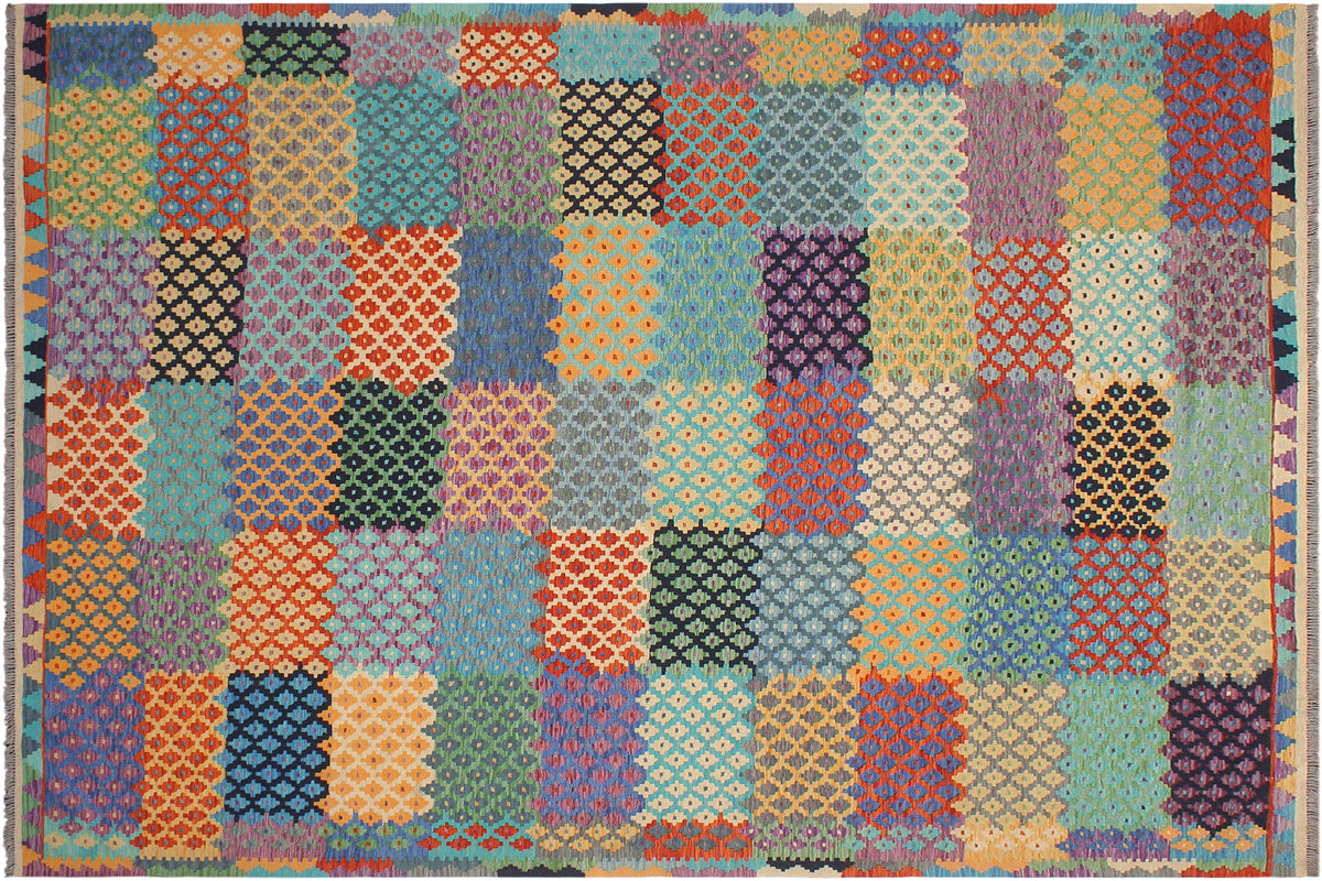 8x10 hand woven Turkish Modern Kilim wool rug in blue and rust - Turkish Eclectic Dan