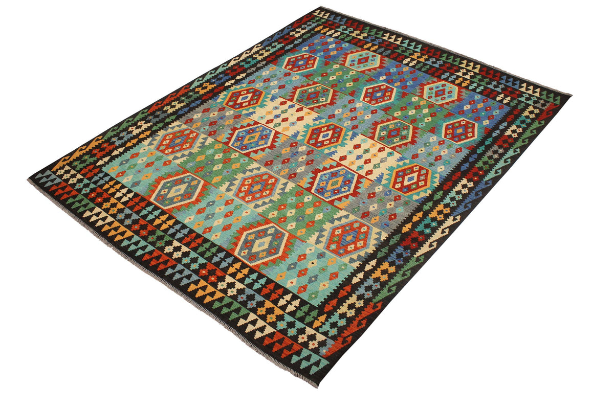 8x10 hand woven Turkish Kilim wool rug in blue and brown - Ethnic Angelia Turkish