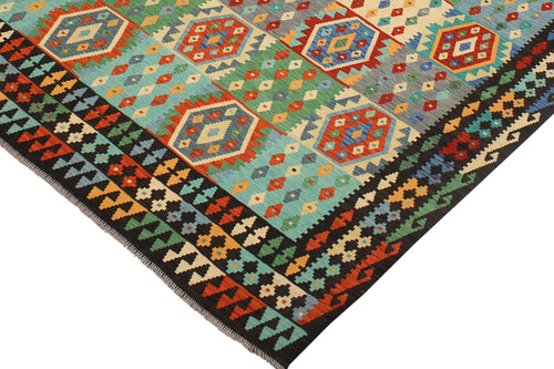 handmade Geometric Kilim Blue Brown Hand-Woven RECTANGLE 100% WOOL area rug 8 x 10