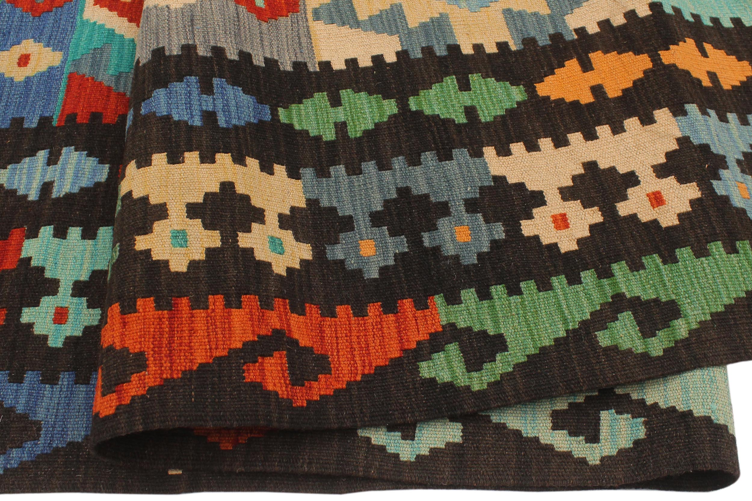 handmade Geometric Kilim Blue Brown Hand-Woven RECTANGLE 100% WOOL area rug 8 x 10