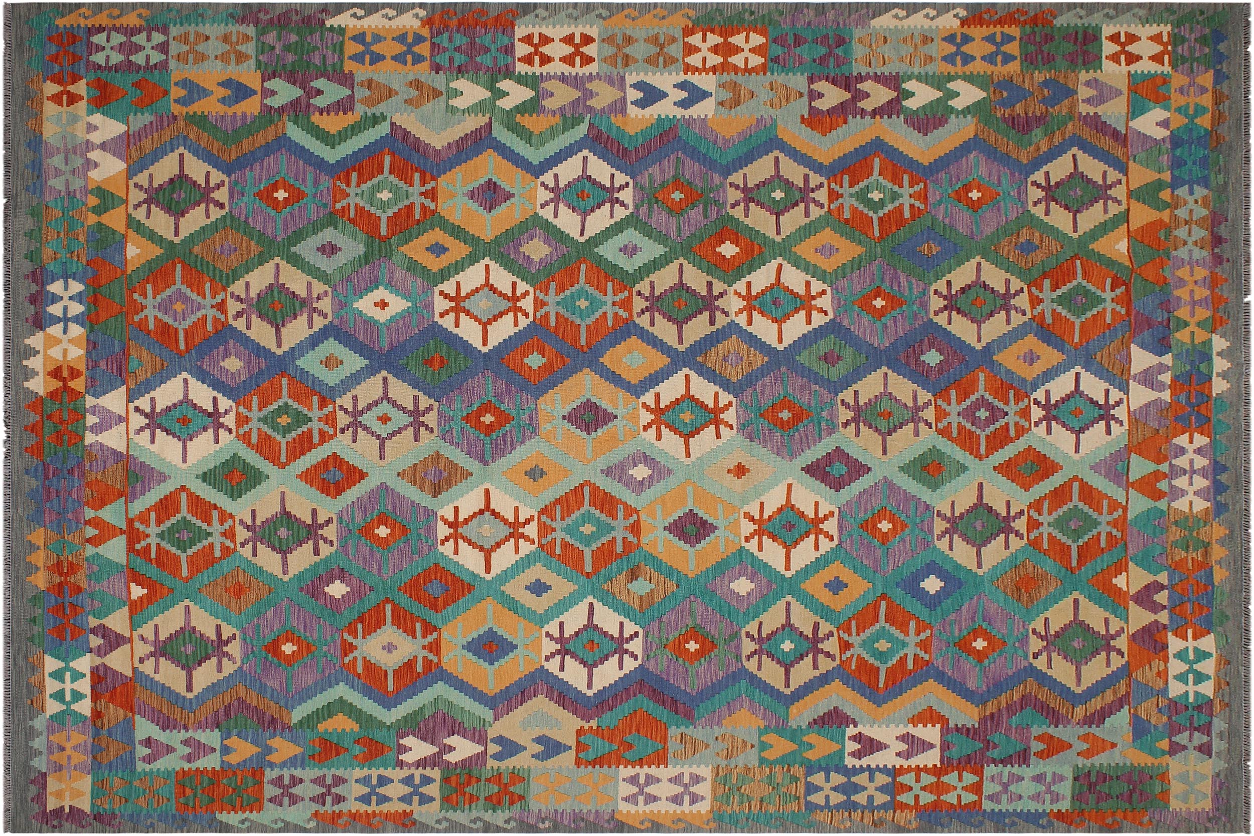 handmade Geometric Kilim Rust Gray Hand-Woven RECTANGLE 100% WOOL area rug 8 x 10