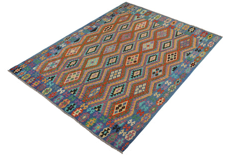 handmade Geometric Kilim Rust Blue Hand-Woven RECTANGLE 100% WOOL area rug 8 x 10
