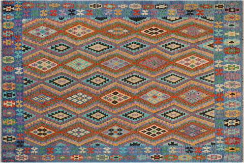 handmade Geometric Kilim Rust Blue Hand-Woven RECTANGLE 100% WOOL area rug 8 x 10