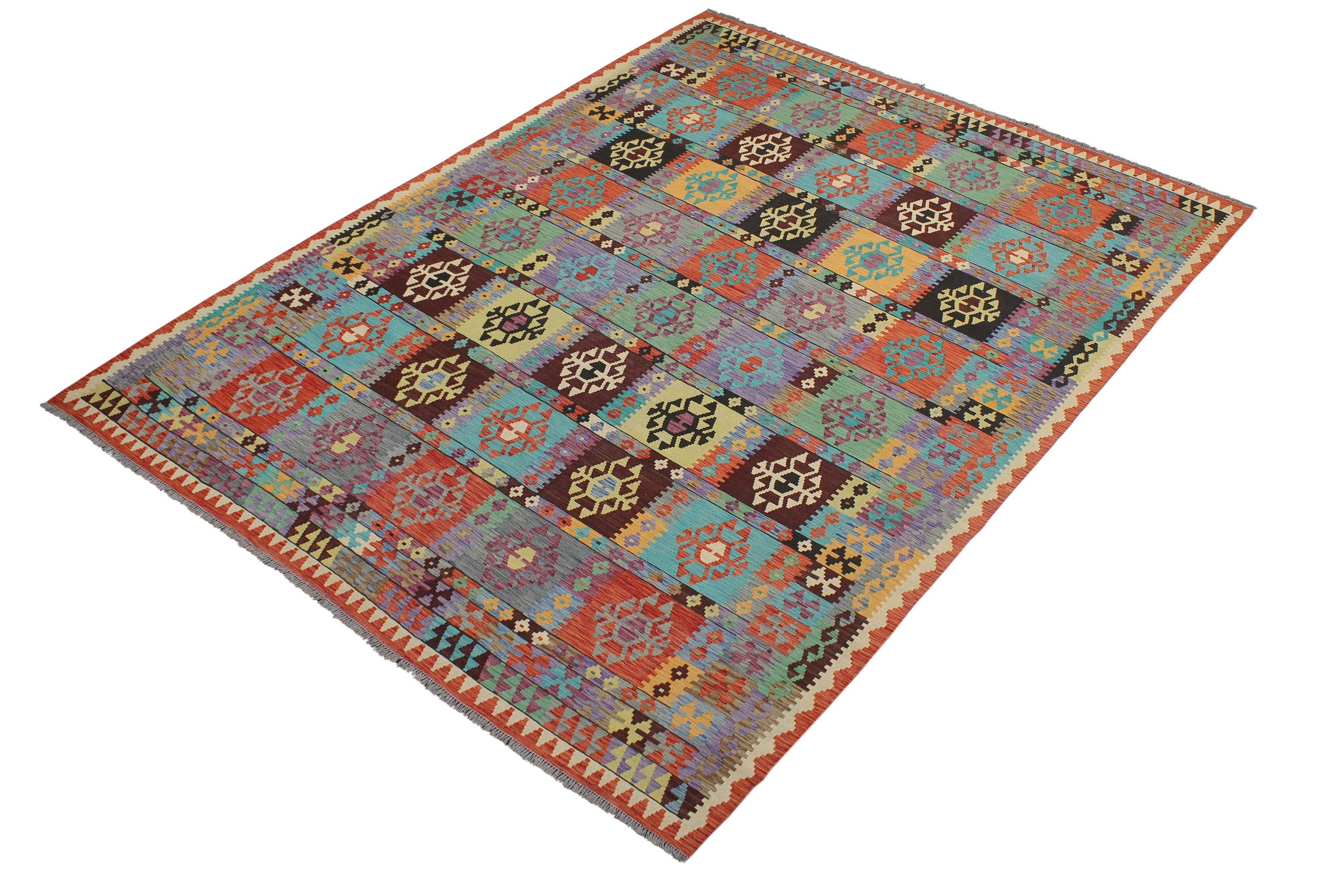 handmade Geometric Kilim Blue Rust Hand-Woven RECTANGLE 100% WOOL area rug 8 x 11