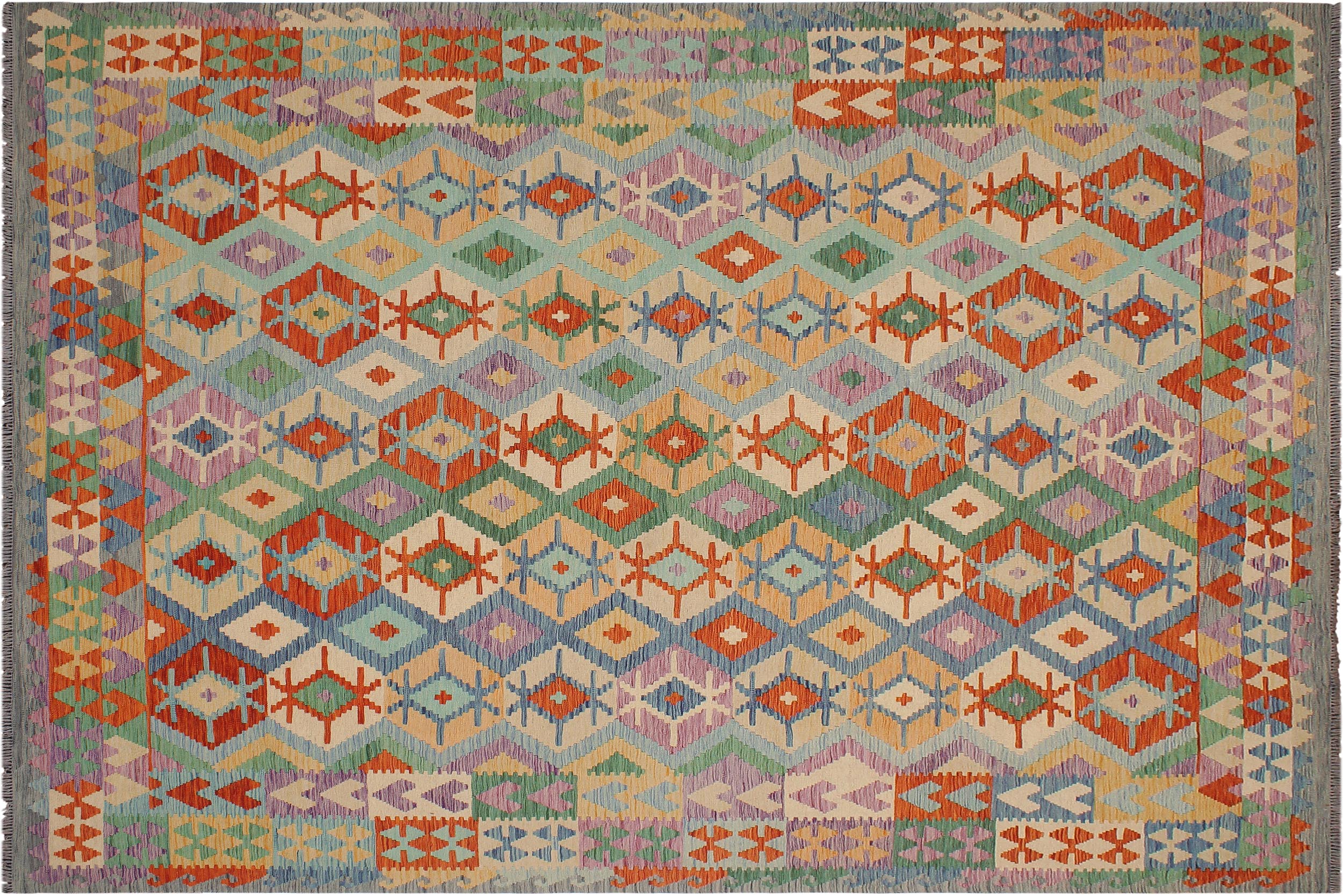 handmade Geometric Kilim Blue Gray Hand-Woven RECTANGLE 100% WOOL area rug 8 x 10