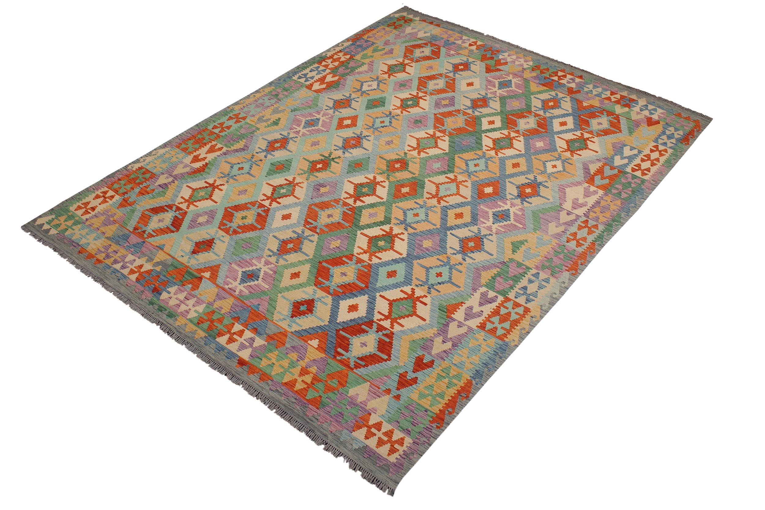 handmade Geometric Kilim Blue Gray Hand-Woven RECTANGLE 100% WOOL area rug 8 x 10