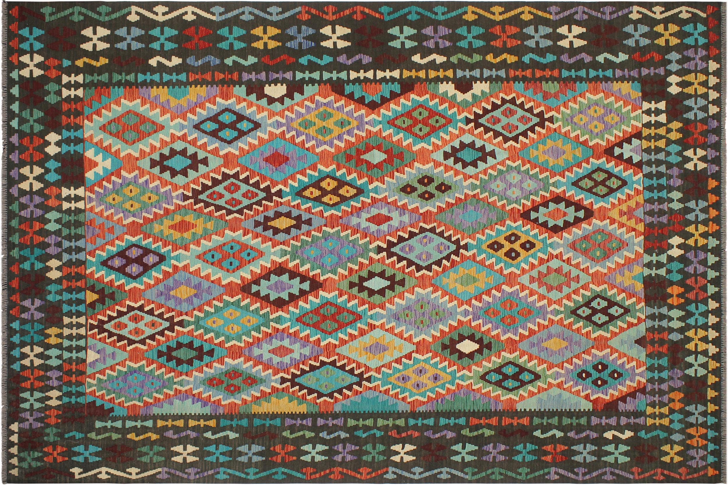 handmade Geometric Kilim Rust Green Hand-Woven RECTANGLE 100% WOOL area rug 8 x 10