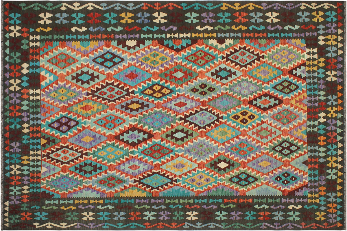 8x10 hand woven Turkish Kilim wool rug in rust and green - Chic Julieann Turkish