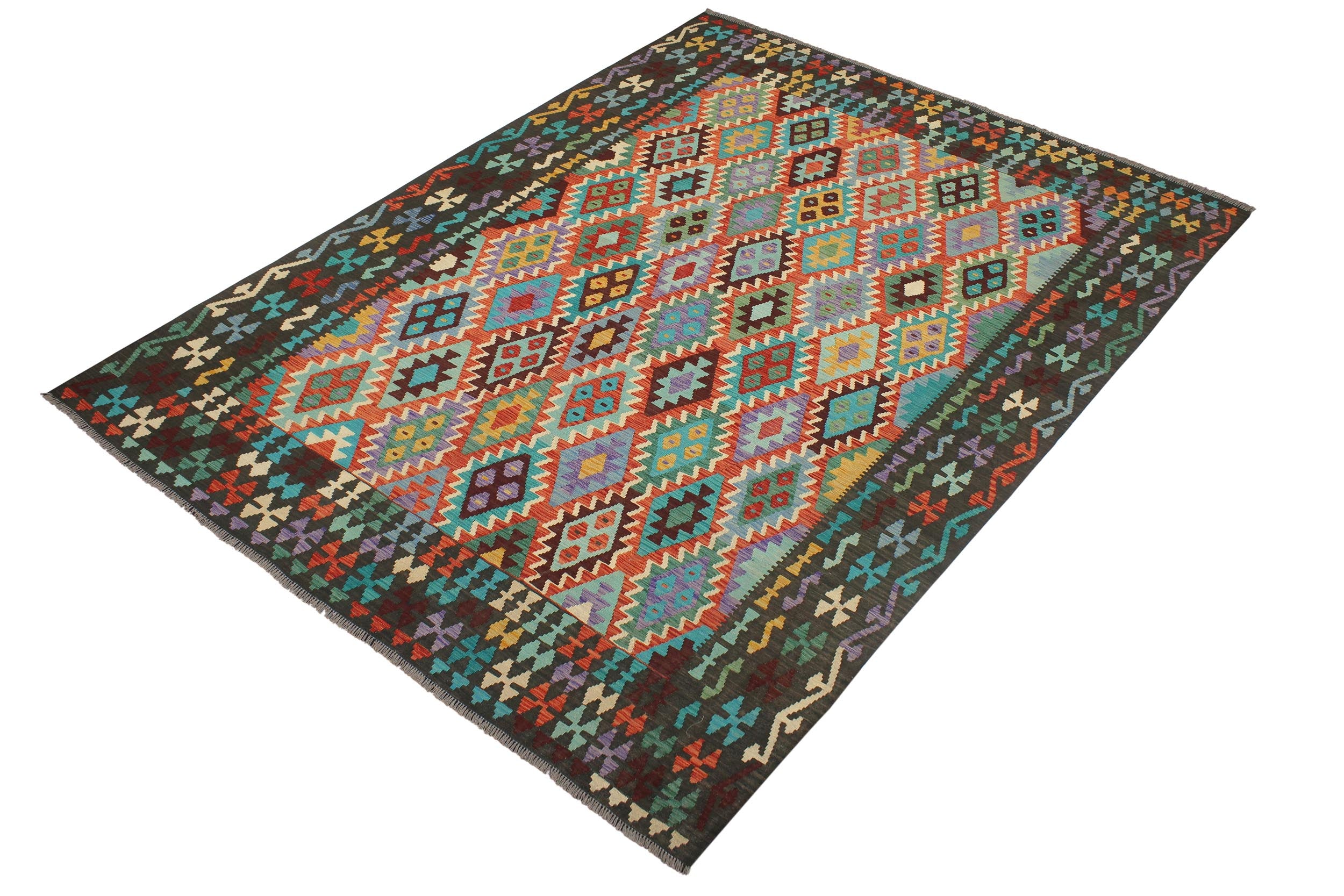 handmade Geometric Kilim Rust Green Hand-Woven RECTANGLE 100% WOOL area rug 8 x 10