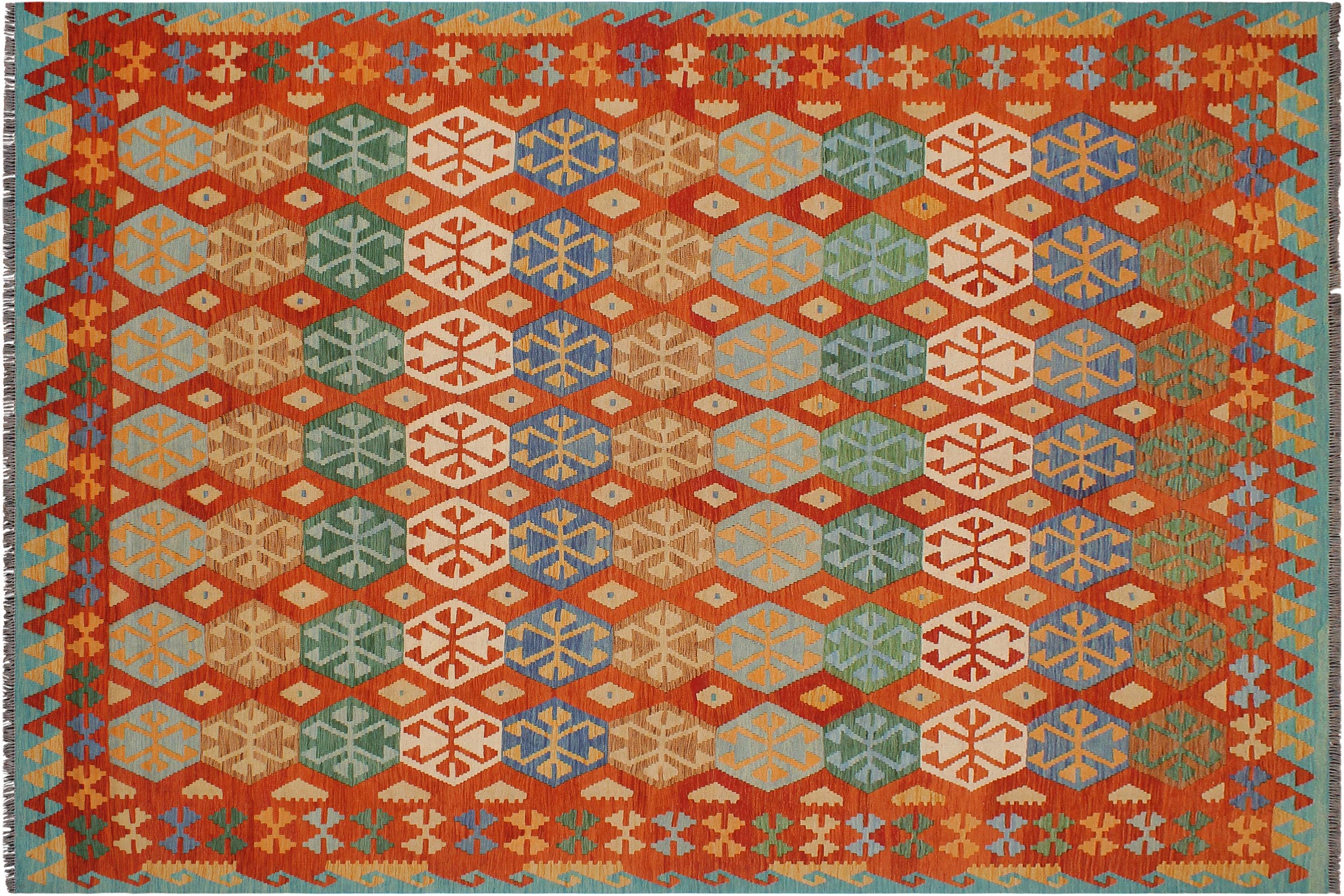 handmade Geometric Kilim Rust Blue Hand-Woven RECTANGLE 100% WOOL area rug 9 x 10