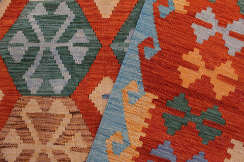 handmade Geometric Kilim Rust Blue Hand-Woven RECTANGLE 100% WOOL area rug 9 x 10