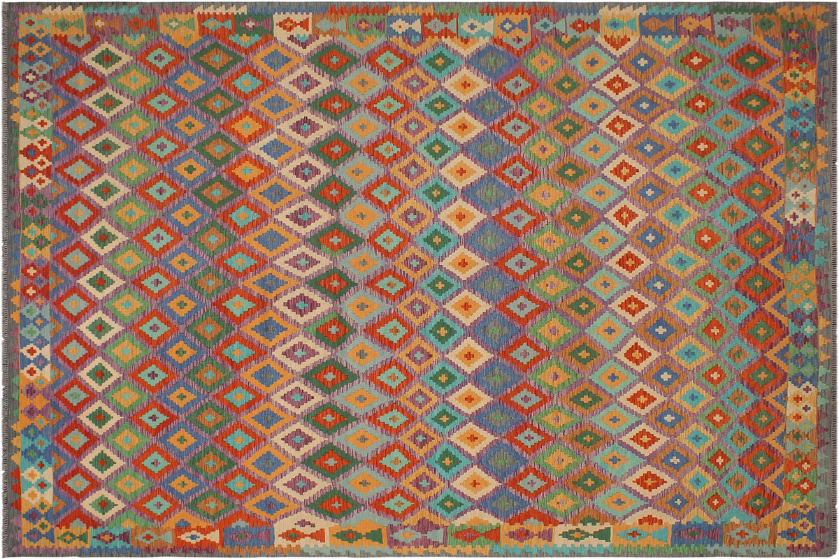 8x11 hand woven Turkish Modern Kilim wool rug in rust and gray - Turkish Chic Hyman