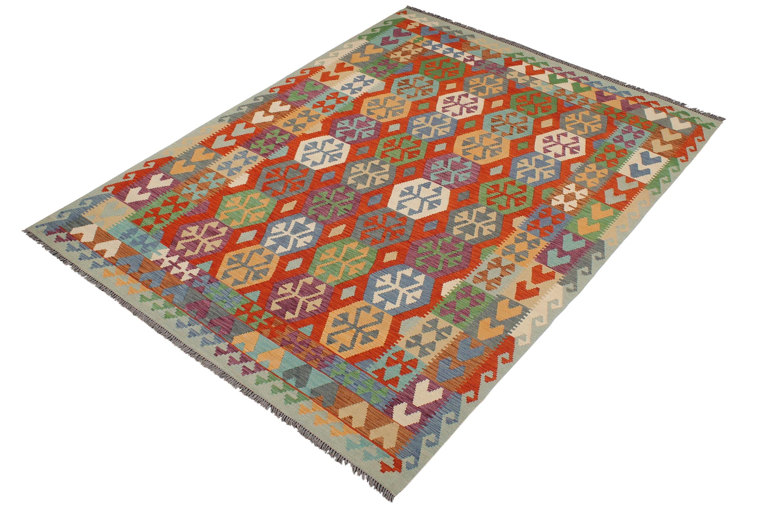 handmade Geometric Kilim Rust Blue Hand-Woven RECTANGLE 100% WOOL area rug 7 x 10
