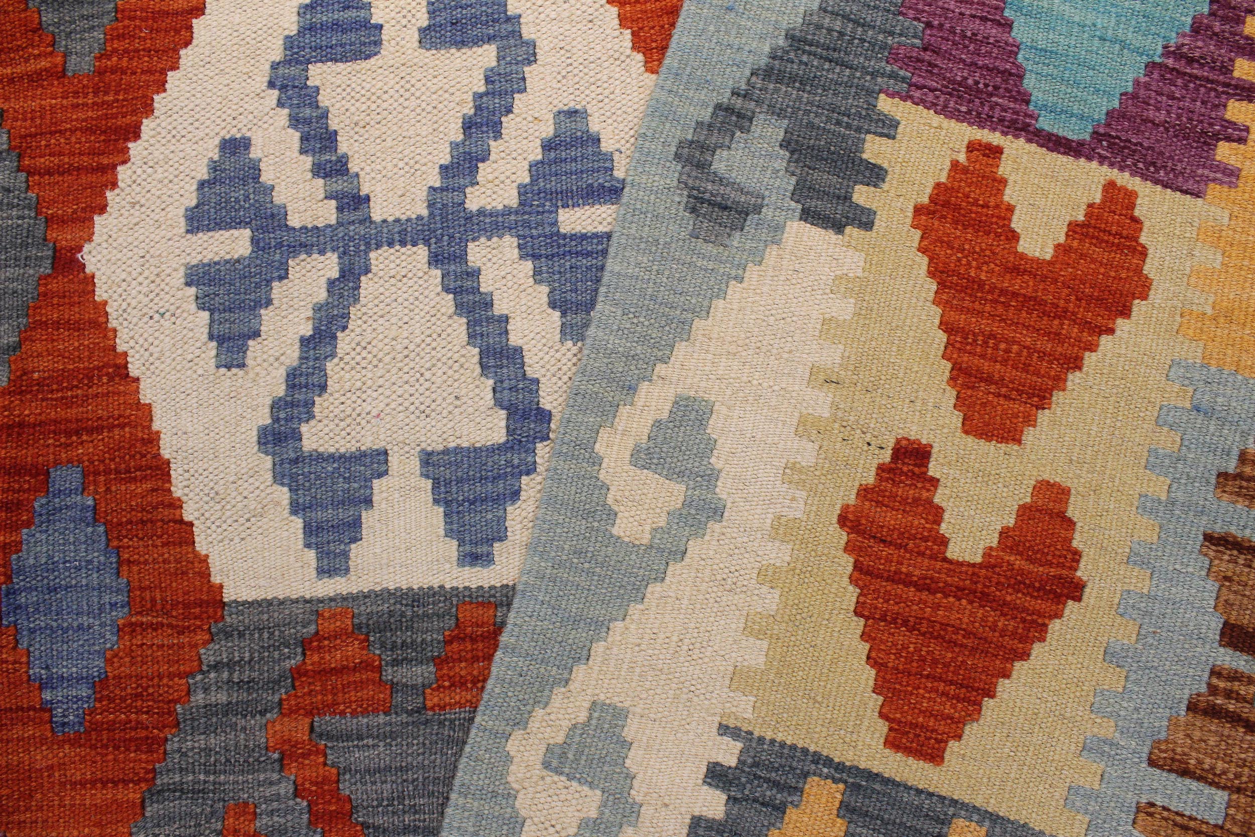 handmade Geometric Kilim Rust Blue Hand-Woven RECTANGLE 100% WOOL area rug 7 x 10