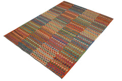 Flat Weave Kilim Antique Navaho Vintage handmade Modern Kilim Blue Rust Hand-Woven Rectangle 100% Wool Area Rug 8x12 