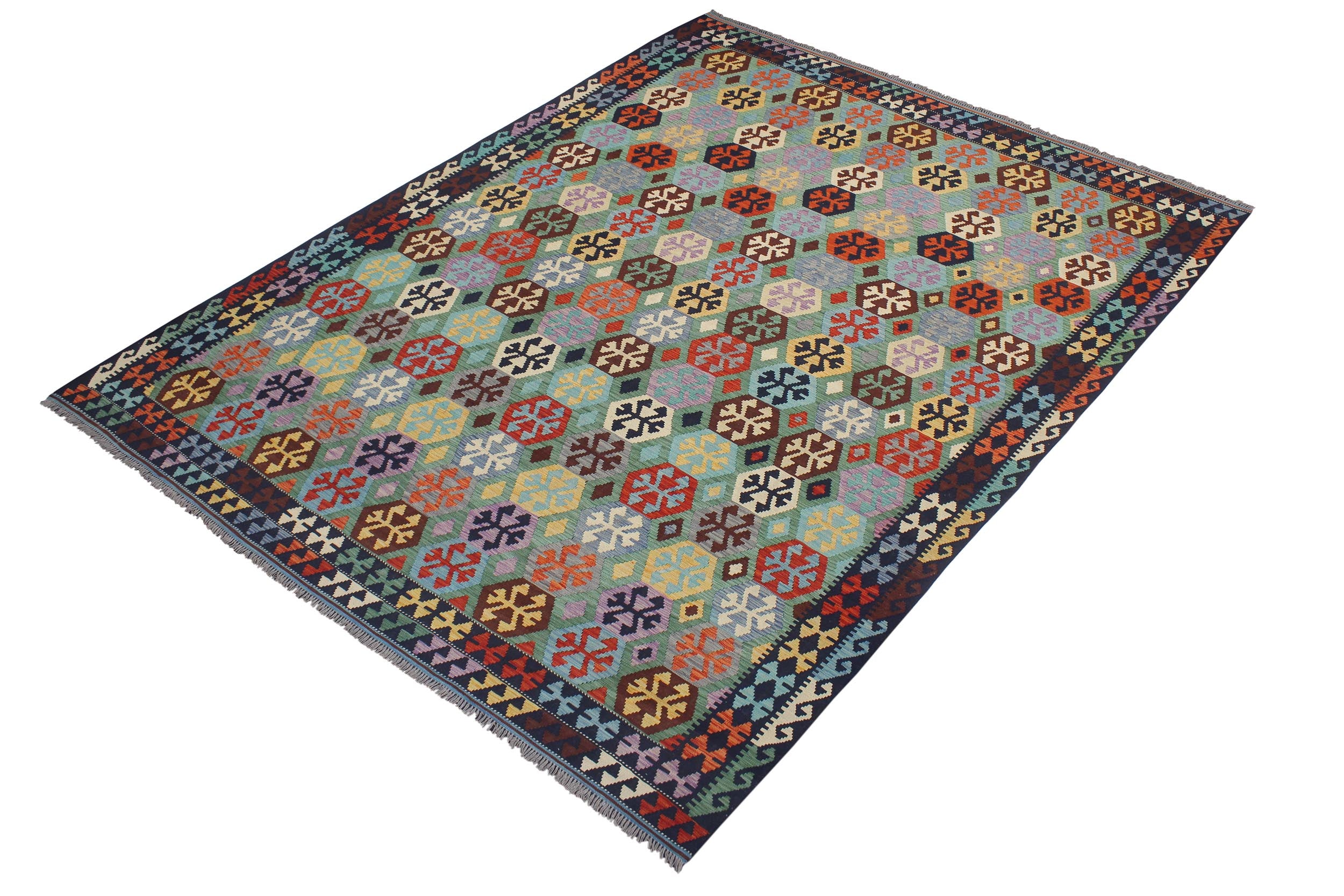 handmade Geometric Kilim Green Blue Hand-Woven RECTANGLE 100% WOOL area rug 9 x 11