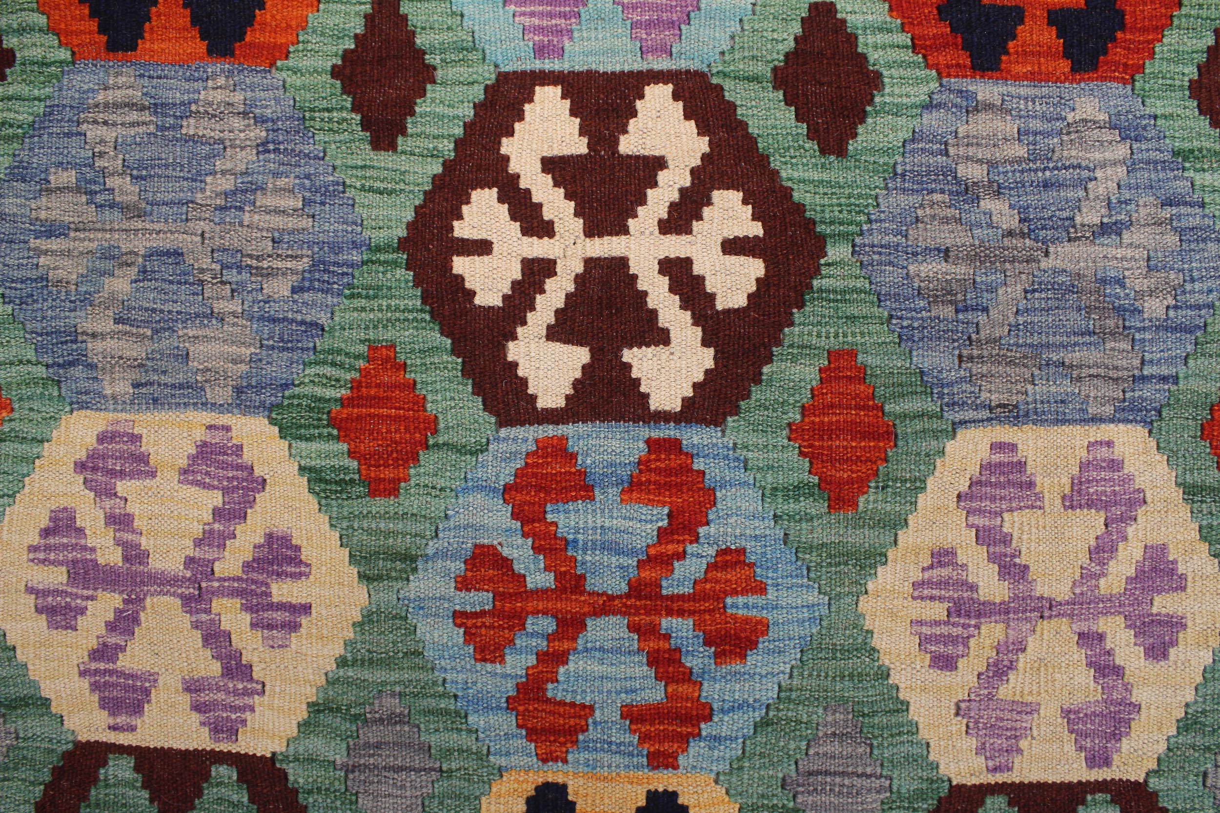 handmade Geometric Kilim Green Blue Hand-Woven RECTANGLE 100% WOOL area rug 9 x 11