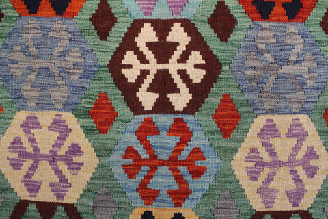 handmade Geometric Kilim Green Blue Hand-Woven RECTANGLE 100% WOOL area rug 9 x 11