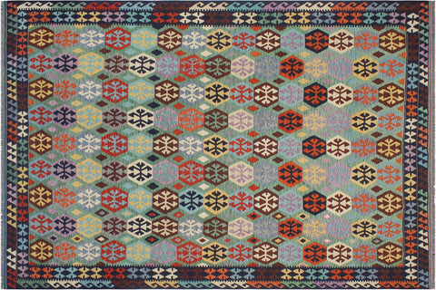 handmade Geometric Kilim Green Blue Hand-Woven RECTANGLE 100% WOOL area rug 9 x 11