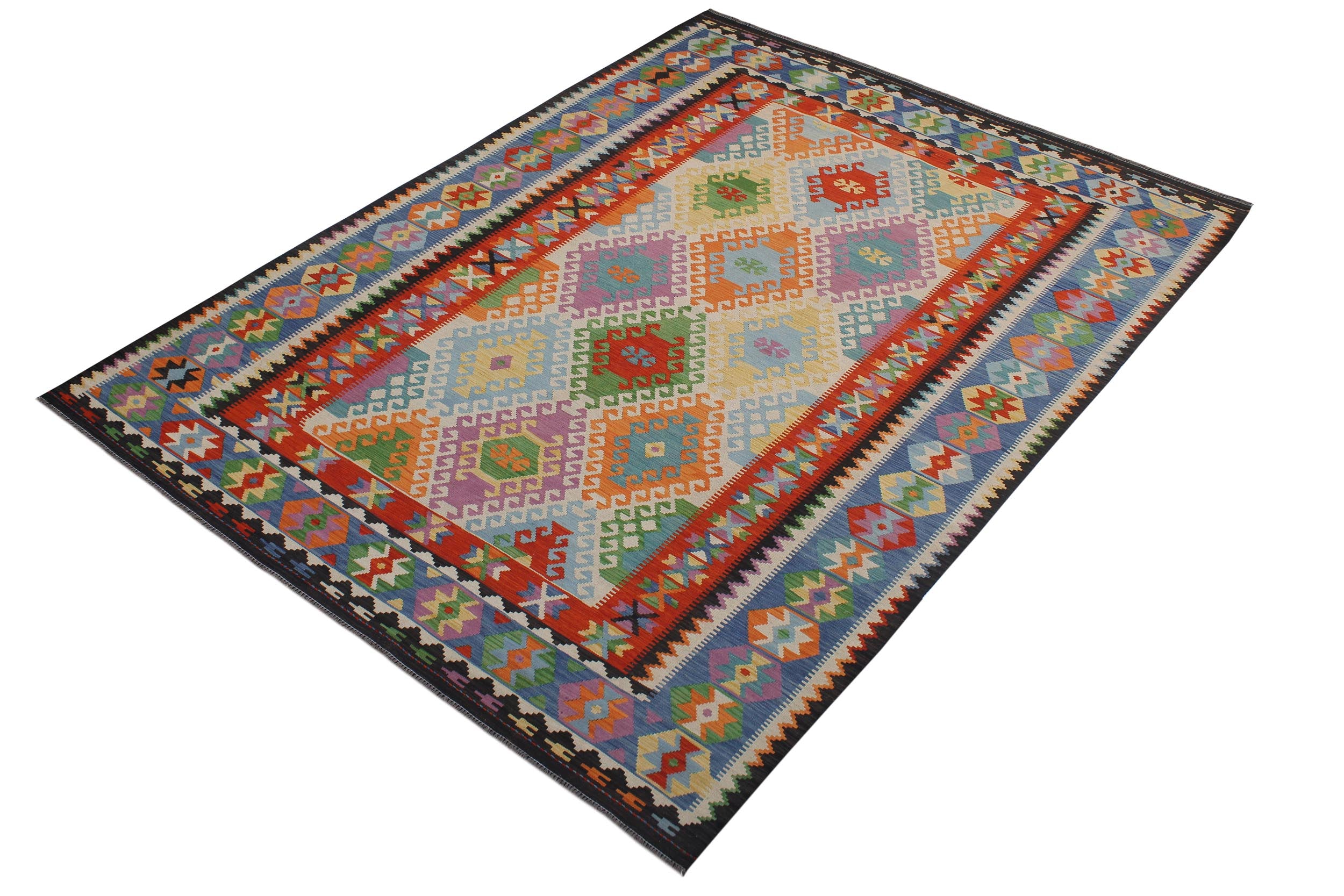 handmade Geometric Kilim Blue Rust Hand-Woven RECTANGLE 100% WOOL area rug 8 x 12