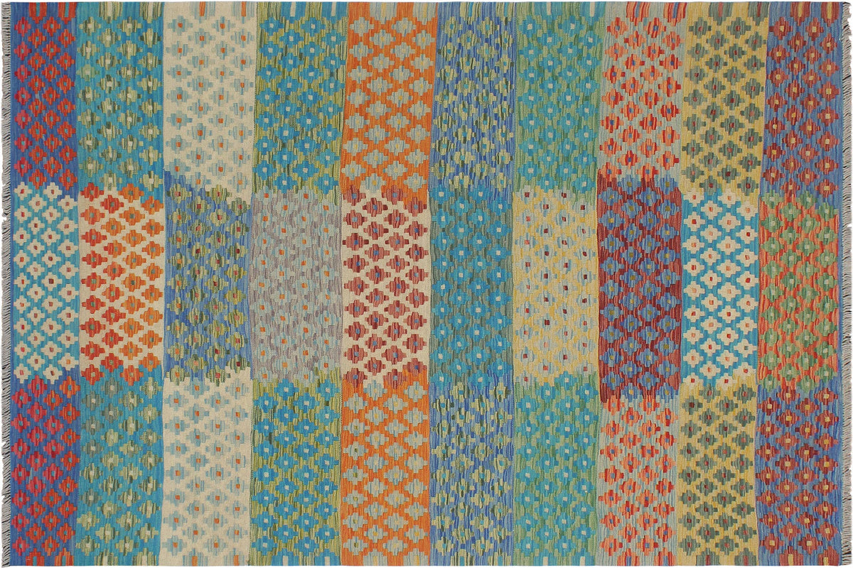 6x8 hand woven Turkish Modern Kilim wool rug in red and blue - Turkish Bohemian Gigi