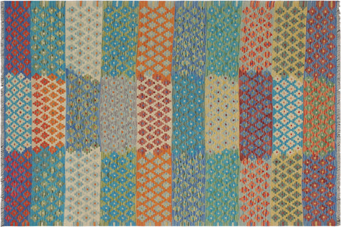 handmade Modern Kilim Red Blue Hand-Woven RECTANGLE 100% WOOL area rug 6x8