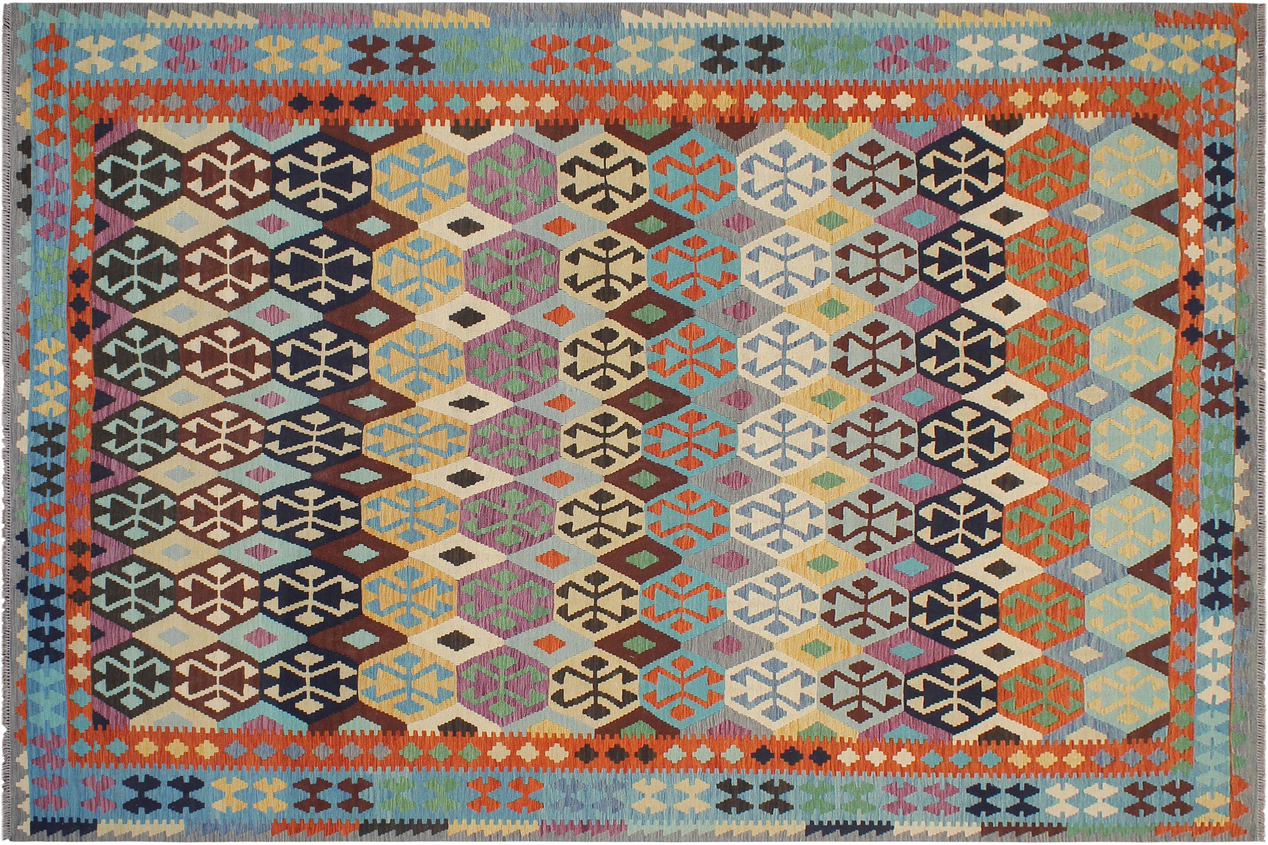 handmade Geometric Kilim Rust Blue Hand-Woven RECTANGLE 100% WOOL area rug 8 x 11