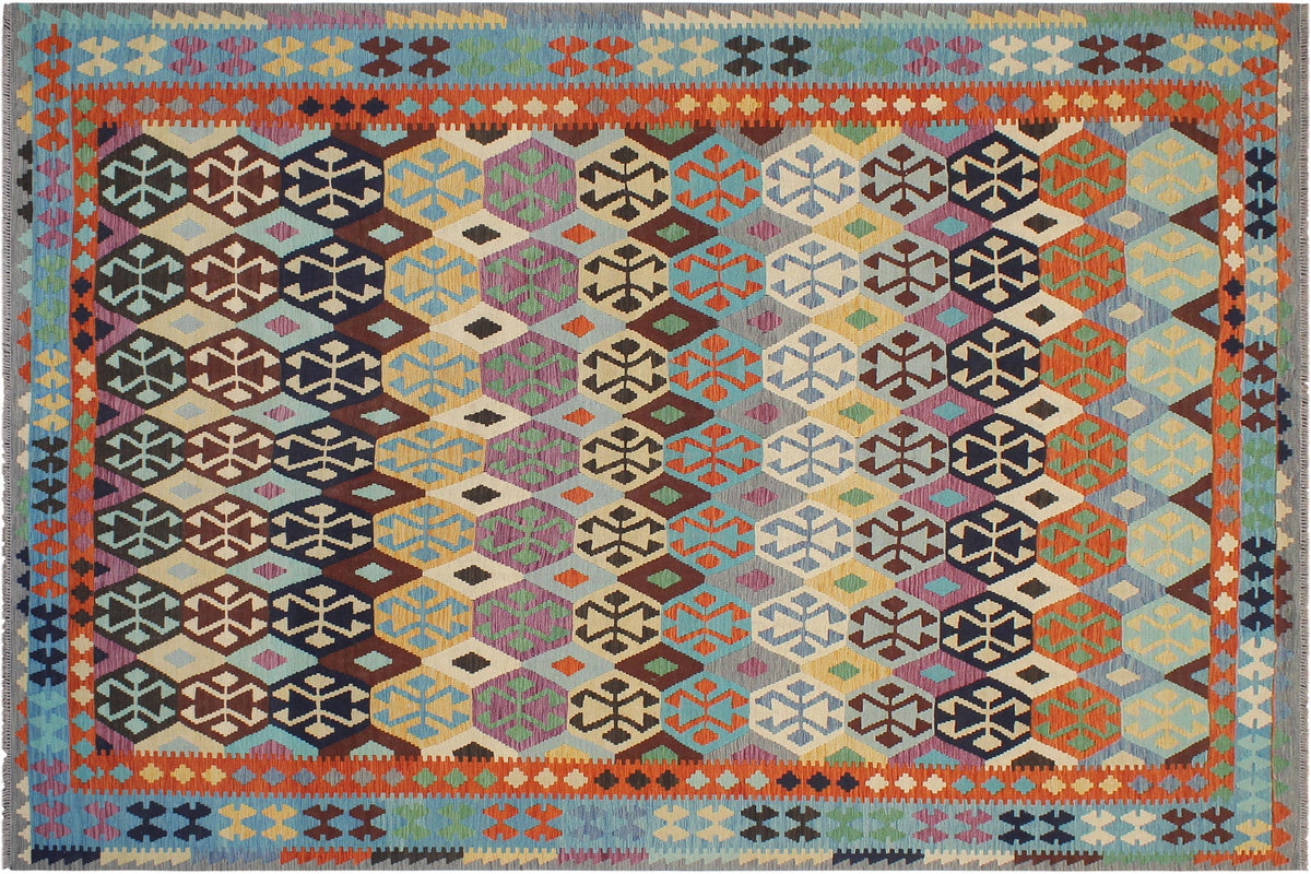 8x11 hand woven Turkish Kilim wool rug in rust and blue - Ethnic Donn Turkish