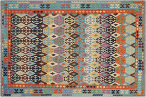 8x11 hand woven Turkish Kilim wool rug in rust and blue - Ethnic Donn Turkish
