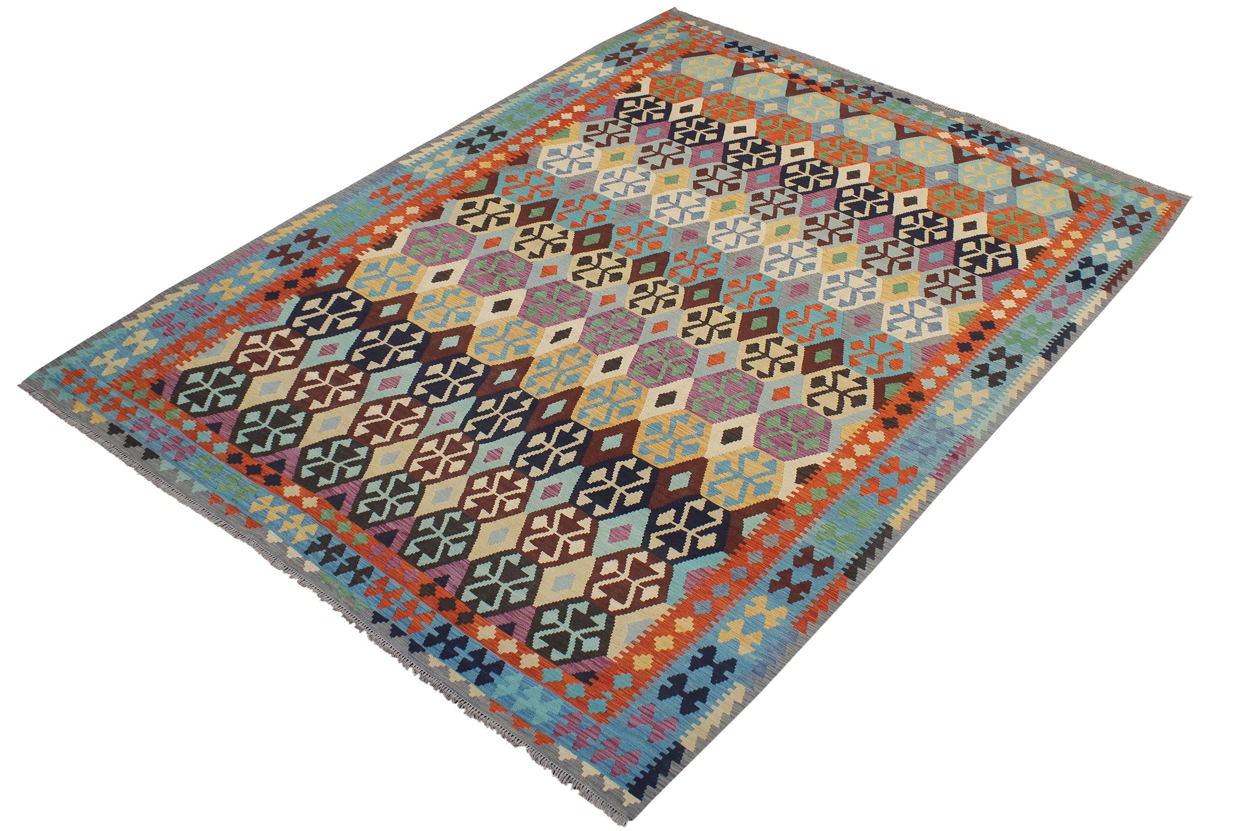 handmade Geometric Kilim Rust Blue Hand-Woven RECTANGLE 100% WOOL area rug 8 x 11