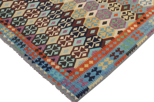 handmade Geometric Kilim Rust Blue Hand-Woven RECTANGLE 100% WOOL area rug 8 x 11